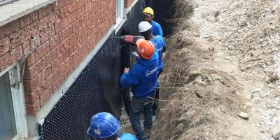 Exterior basement waterproofing Toronto project by Dryshield showing excavation and weeping tile installation.