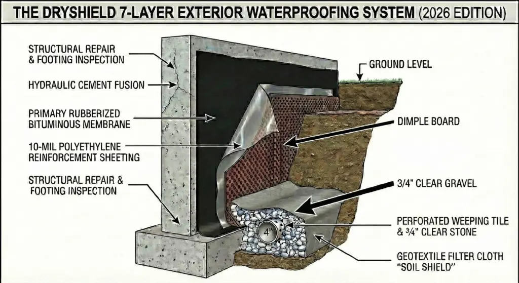 Diagram of Dryshield exterior waterproofing system showing hydraulic cement, rubberized membrane, 10-mil poly reinforcement, dimple board with finishing strip, and 3/4 inch clear stone drainage.