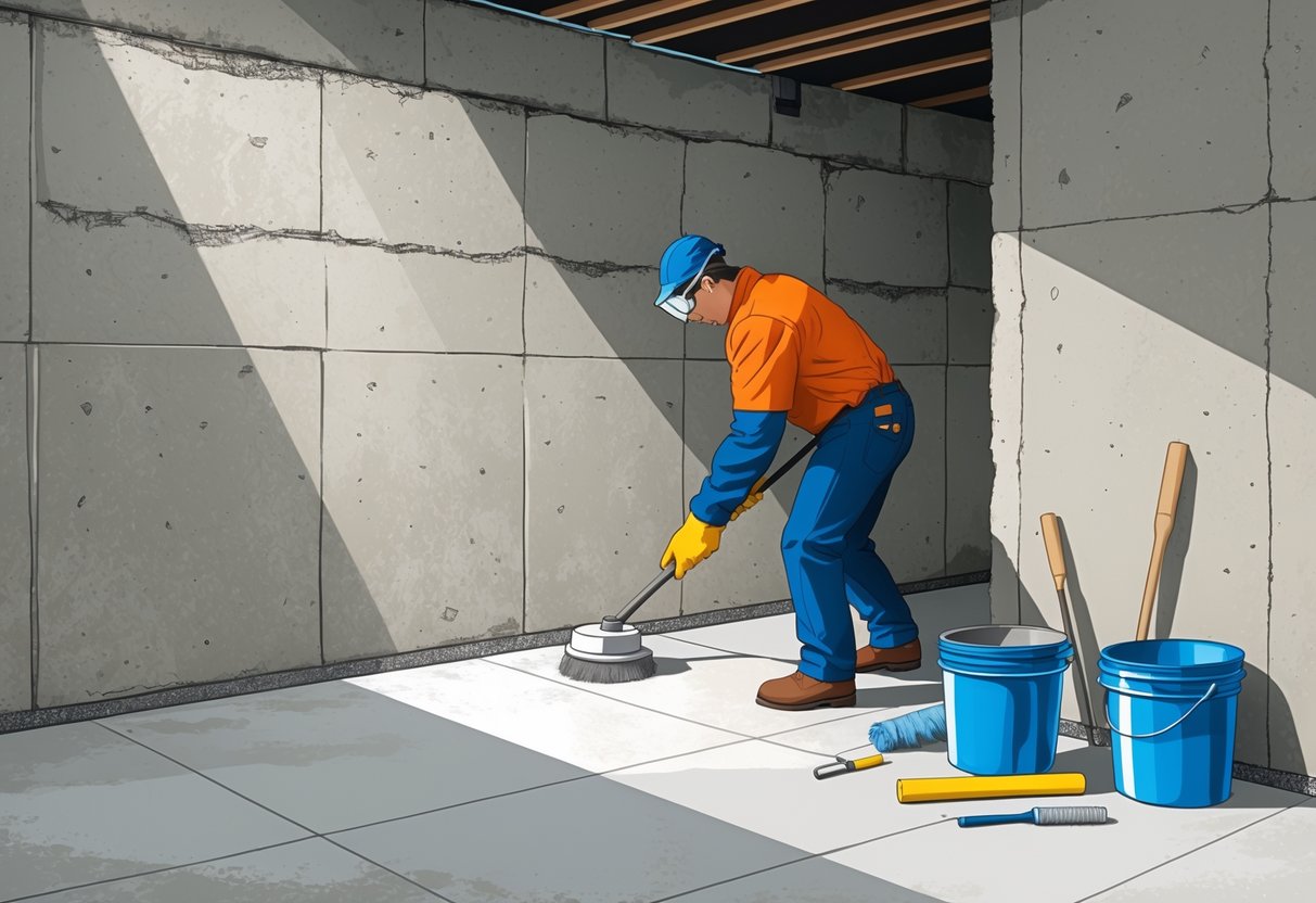 A worker cleaning a concrete basement wall with a wire brush, preparing it for waterproofing, with waterproofing materials nearby.