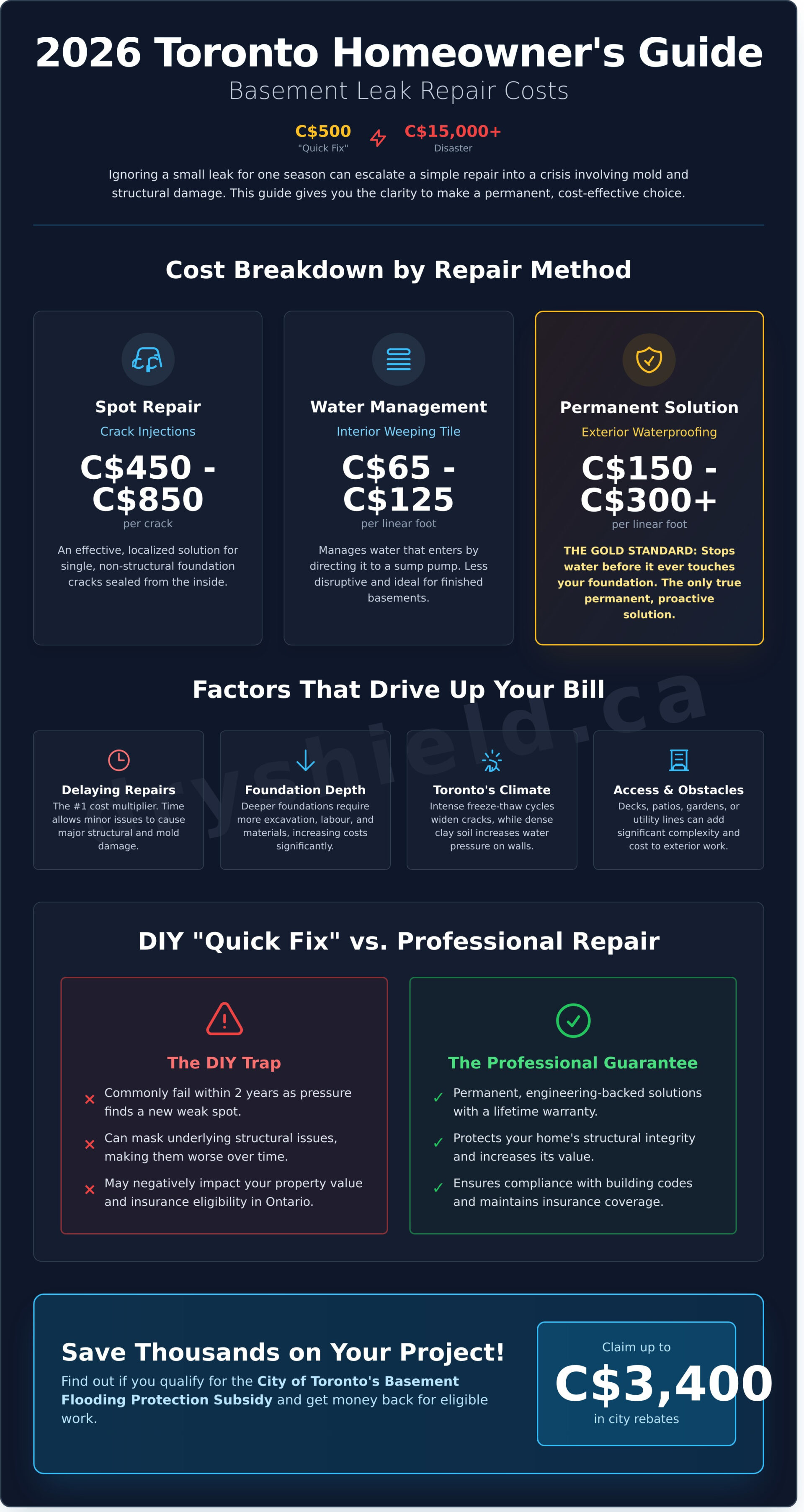 Basement Leak Repair Cost in Toronto: 2026 Homeowner’s Price Guide - Infographic