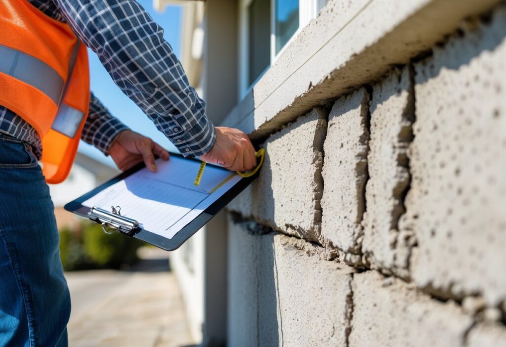 Person inspecting cracks on a concrete foundation wall of a house using a measuring tape and clipboard.