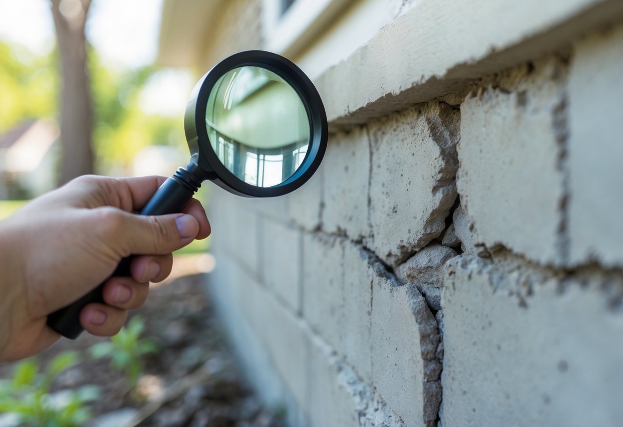 Close-up of a hand holding a magnifying glass over cracks in a concrete foundation wall near a house.