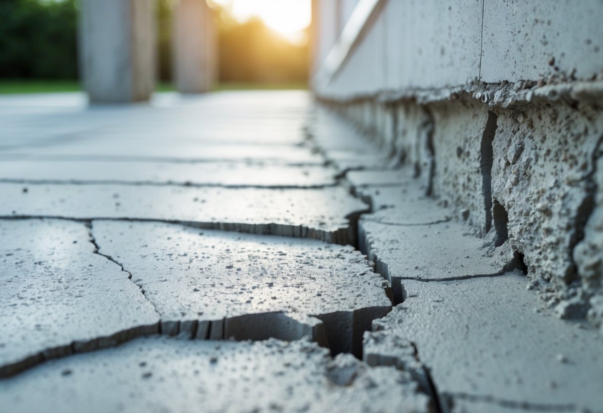 Close-up of a concrete foundation wall showing various types of cracks in an outdoor residential setting.