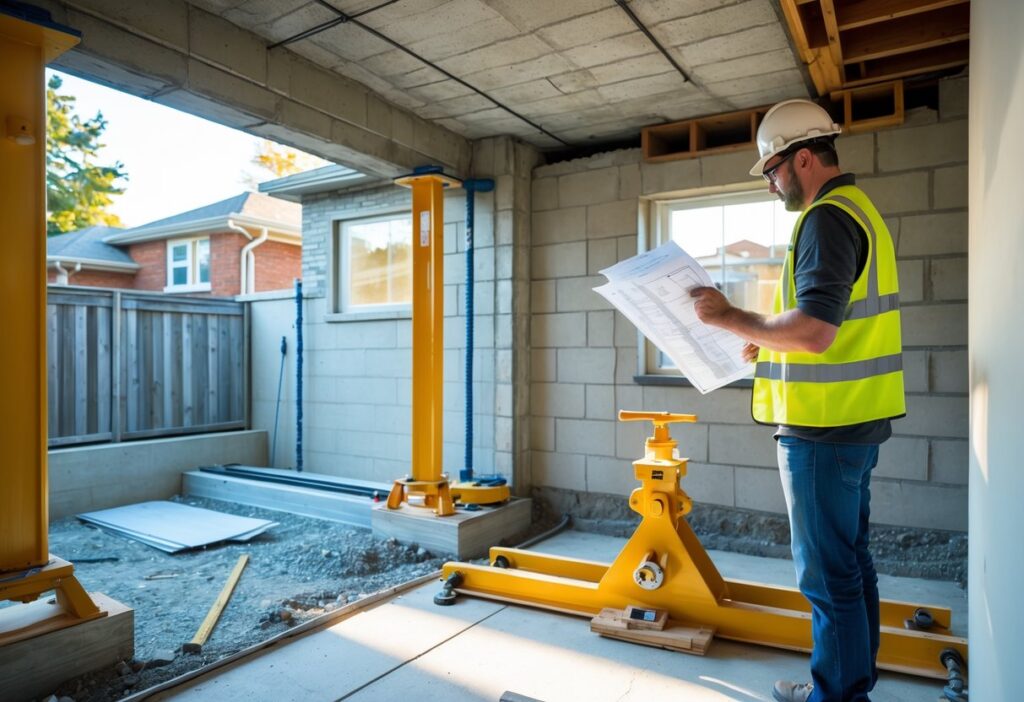 A construction worker in a basement reviewing documents near underpinning equipment during a residential foundation reinforcement project.