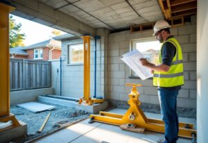A construction worker in a basement reviewing documents near underpinning equipment during a residential foundation reinforcement project.