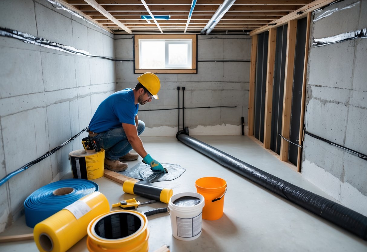 Construction worker applying waterproofing membrane to basement walls in a residential basement under construction.