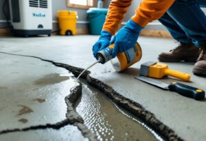 Person applying waterproof sealant to cracks on a basement floor to stop water leaking, with tools and moisture control devices nearby.