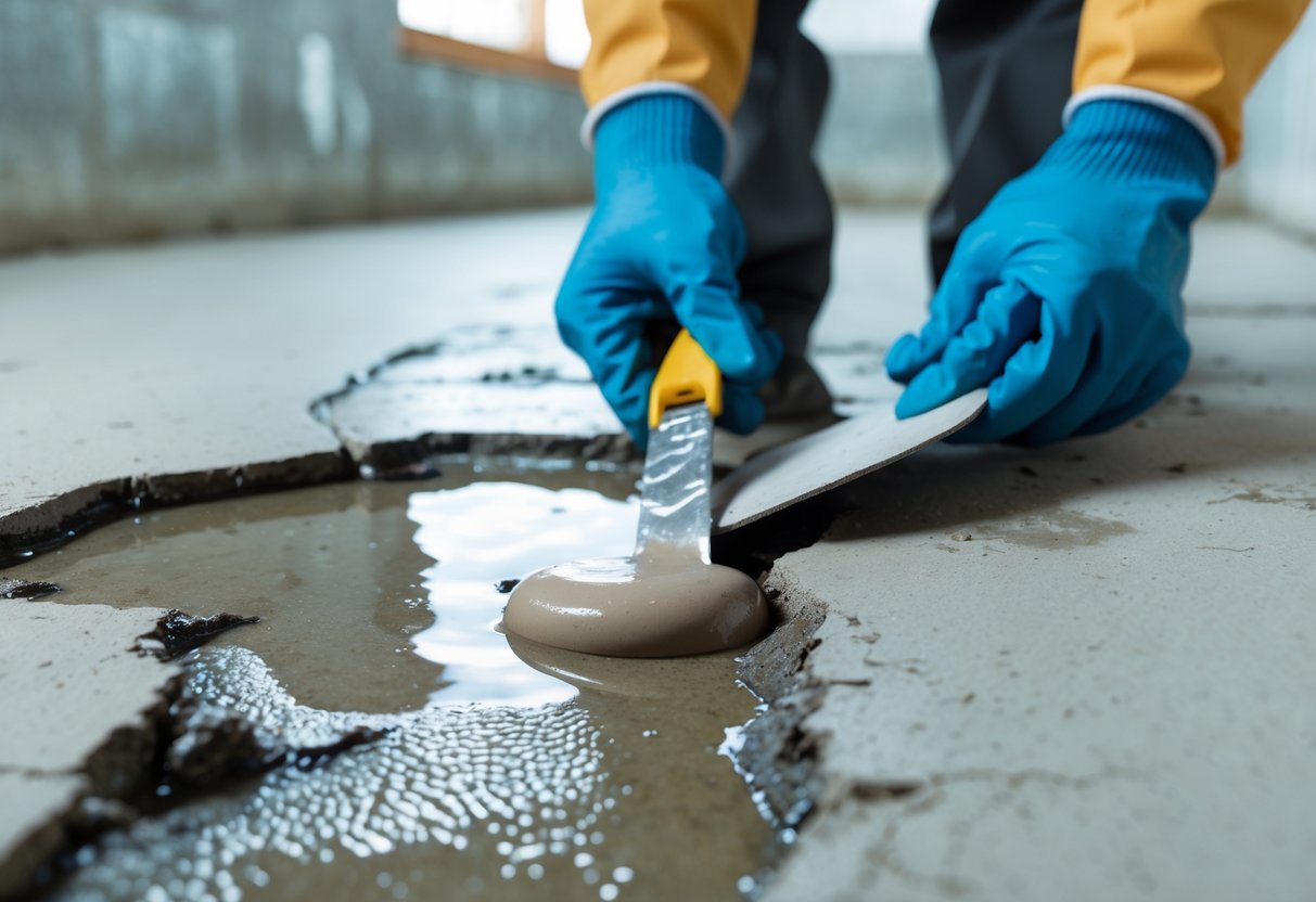 Close-up of hands applying sealant to cracks in a basement floor to stop water leakage.