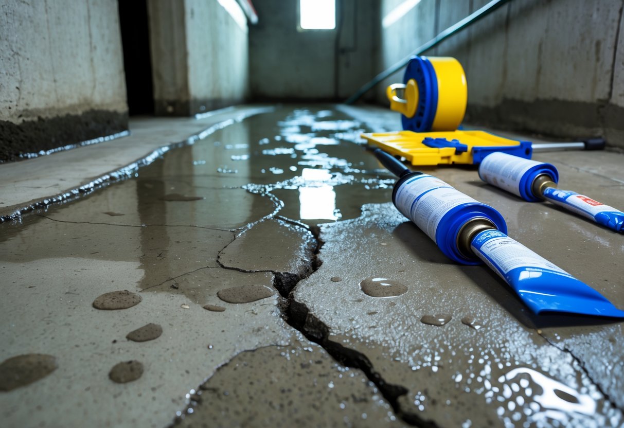 Close-up of a basement floor with cracks and water seepage, along with tools for repair placed nearby.