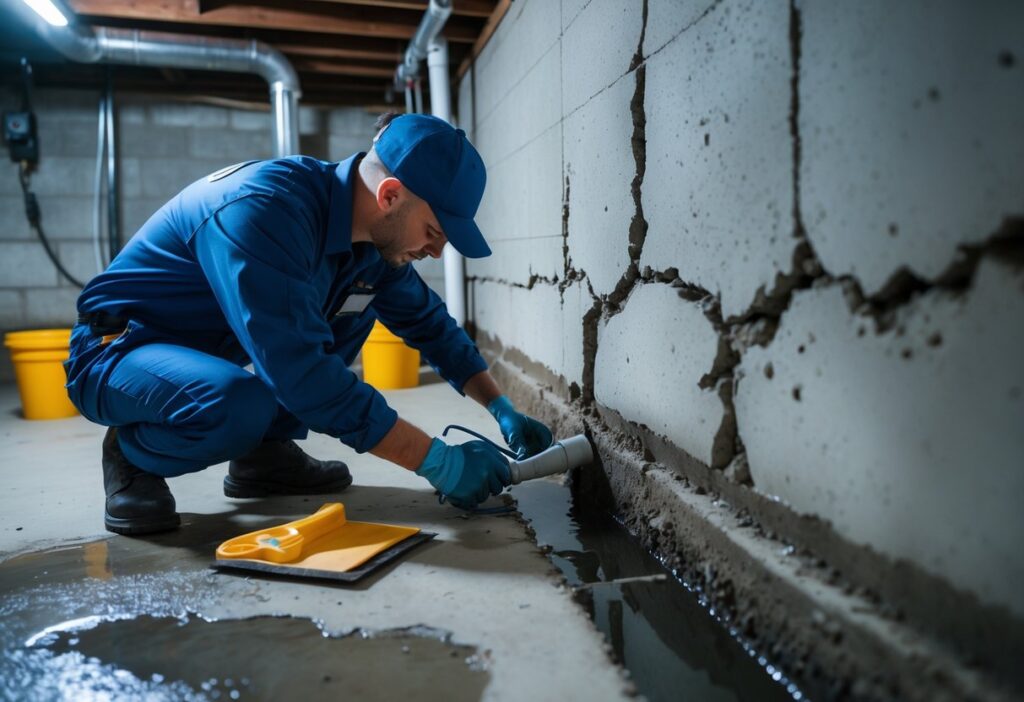 A technician repairing cracks on a damp basement wall to fix a leak.