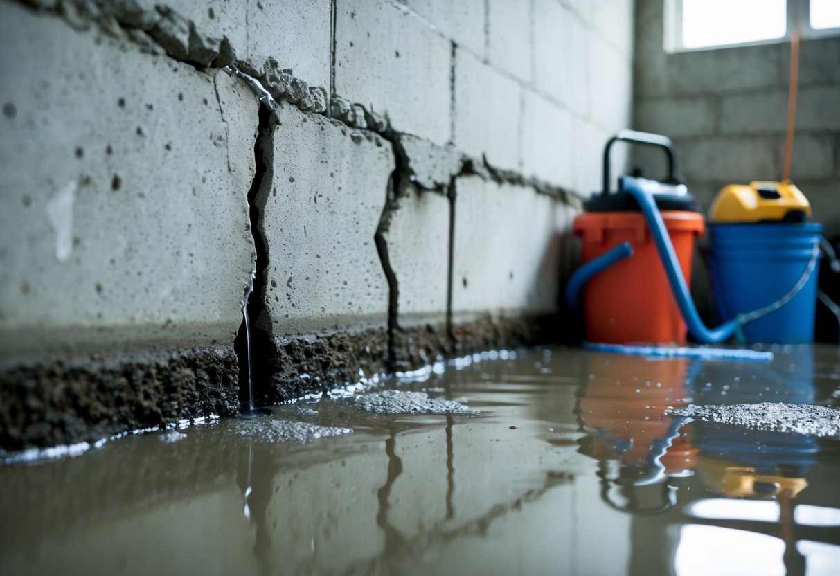A basement wall with visible cracks leaking water onto a damp floor, with repair tools and equipment nearby.