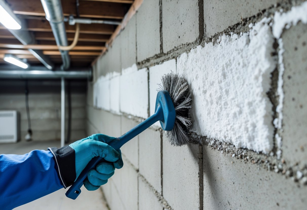 A person wearing gloves cleaning white chalky residue from a basement wall with a scrubbing brush.