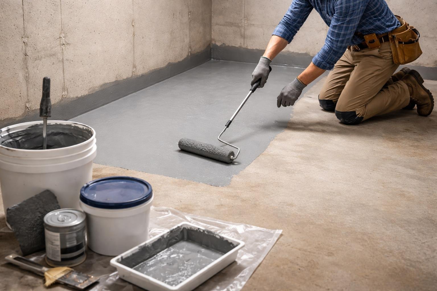 A person applying waterproof sealant to a basement floor to prevent water seepage.