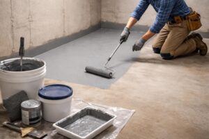 A person applying waterproof sealant to a basement floor to prevent water seepage.
