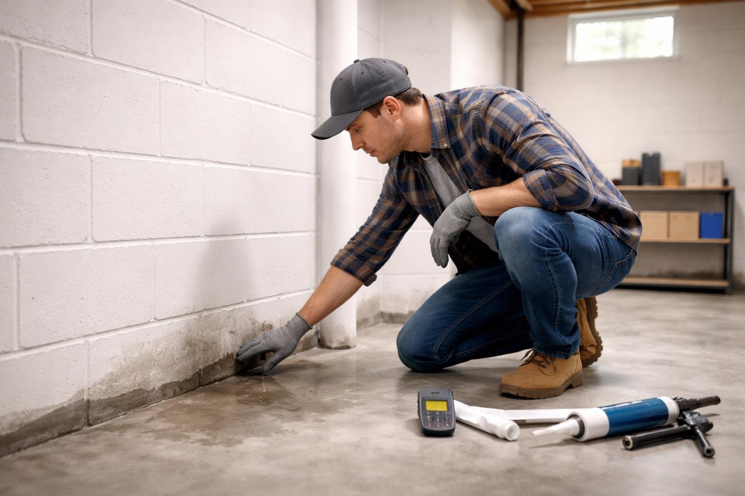 A person kneeling in a basement inspecting a damp spot on the concrete floor near the wall.