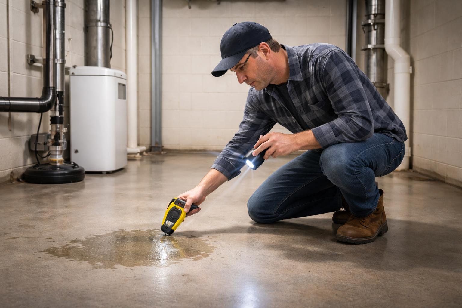A person inspecting a damp spot on a basement floor with a flashlight, surrounded by pipes and a sump pump.