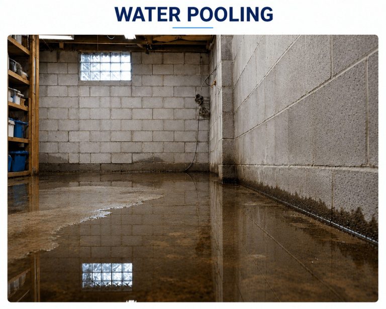 Water pooling in a leaking North York basement