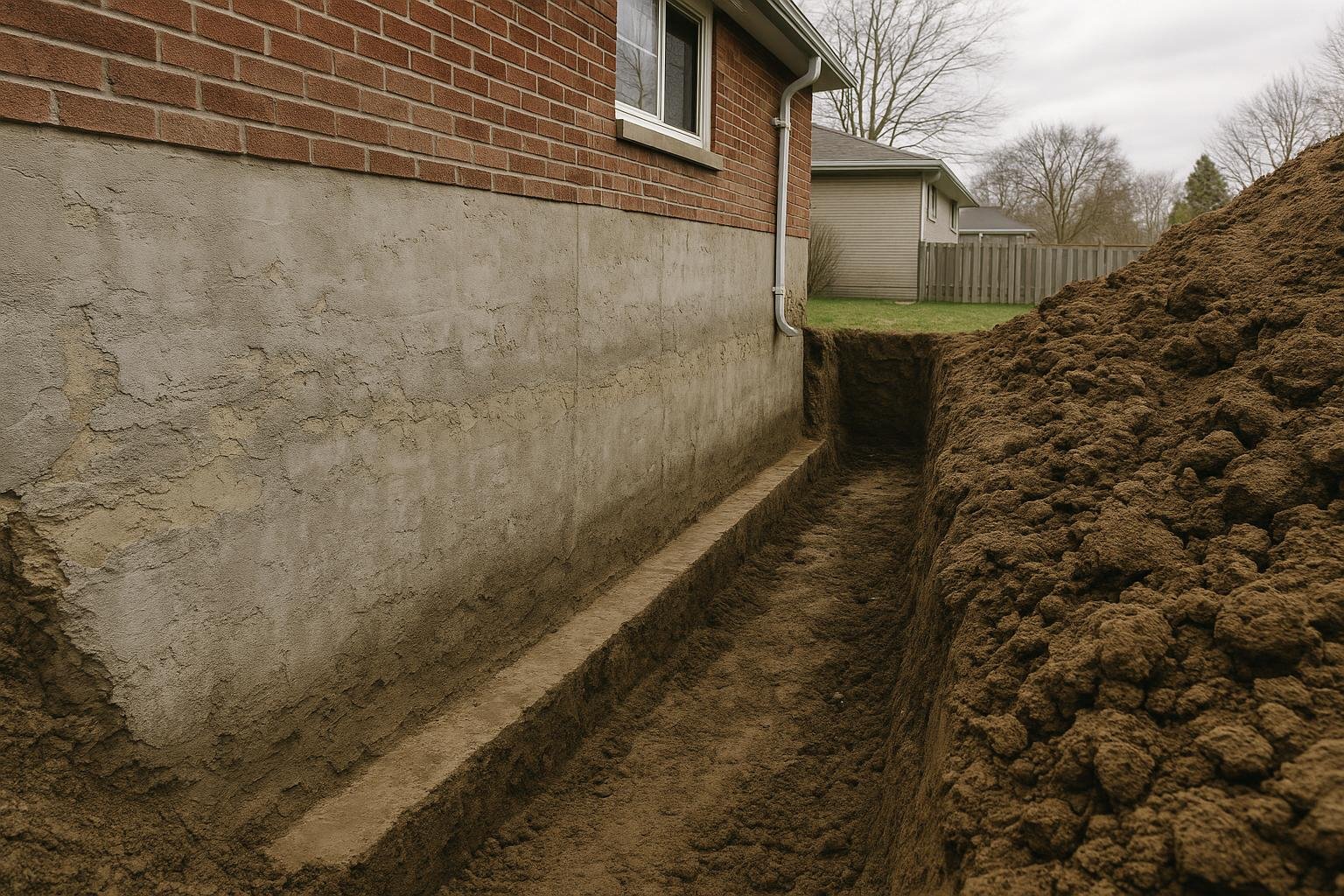 Excavated foundation wall beside clay soil in a Barrie Ontario backyard during waterproofing work