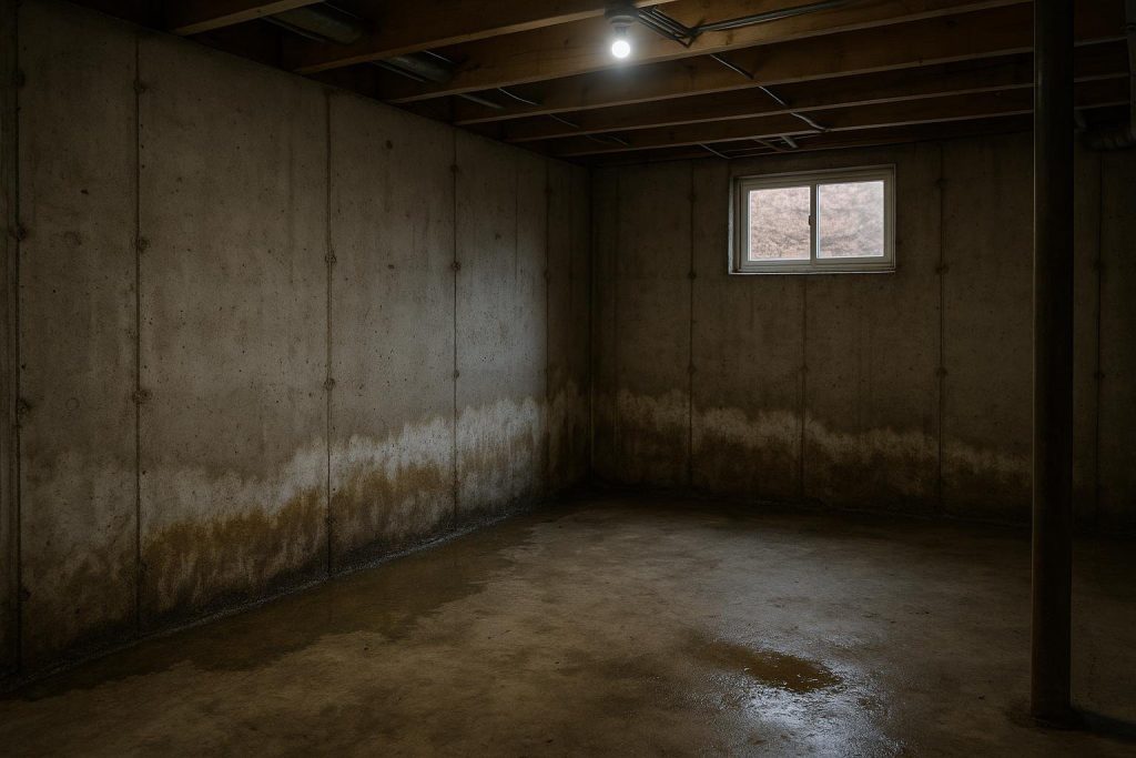 Water seeping through a poured concrete foundation wall in a Richmond Hill basement