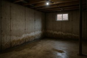 Water seeping through a poured concrete foundation wall in a Richmond Hill basement