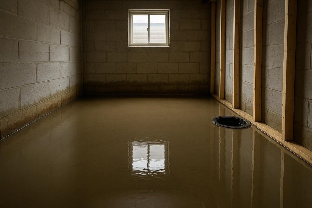 Flooded basement floor with water pooling against a poured-concrete foundation wall in a Vaughan home