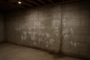 Wet poured concrete foundation wall in a Barrie home basement showing water seepage and efflorescence