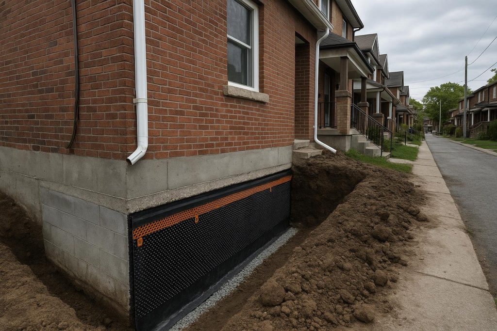 Exterior foundation excavation beside a Toronto brick home exposing the concrete wall for waterproofing