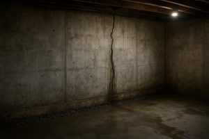 Wet poured concrete foundation wall in a Hamilton basement showing active water seepage along a vertical crack