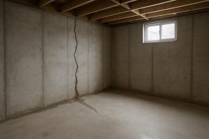 Wet poured concrete foundation wall in a Kitchener home basement showing active water seepage through a vertical crack
