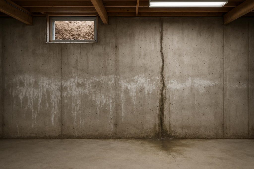 Wet poured concrete foundation wall in a Mississauga basement showing water seepage and efflorescence