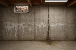 Wet poured concrete foundation wall in a Mississauga basement showing water seepage and efflorescence