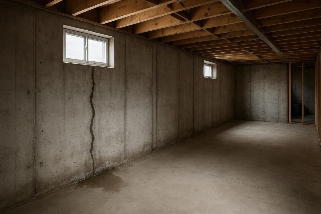 Wet poured concrete foundation wall with active crack seeping water in a North Bay basement