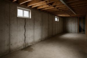 Wet poured concrete foundation wall with active crack seeping water in a North Bay basement