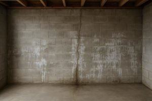 Wet poured concrete foundation wall in an Oakville basement showing active water seepage and efflorescence