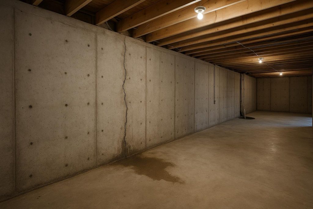 Wet foundation wall in a Richmond Hill basement showing water seepage along a vertical crack