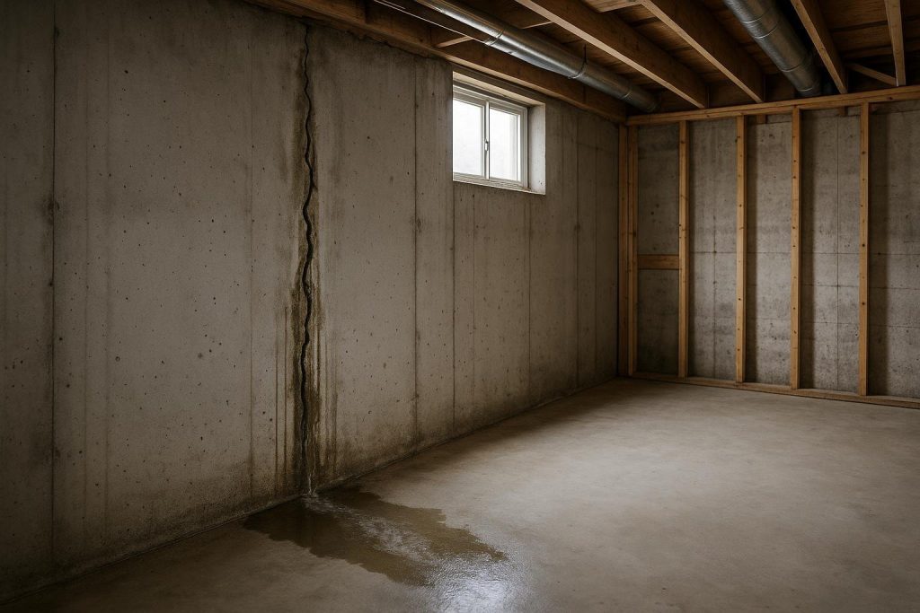 Water seeping through a poured concrete basement wall showing active moisture and staining