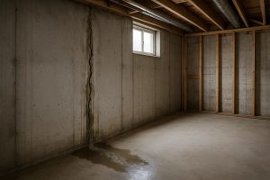 Water seeping through a poured concrete basement wall showing active moisture and staining
