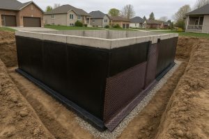 Freshly waterproofed poured concrete foundation wall with rubberised membrane applied outside a Toronto home