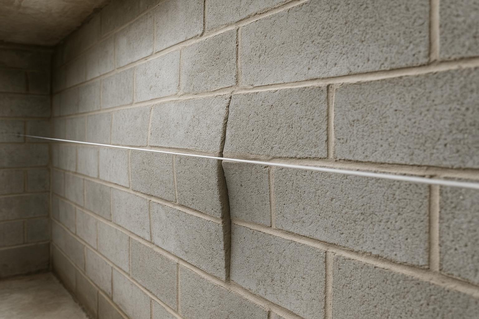 A taut string line stretched across a bowing basement wall revealing inward displacement gap
