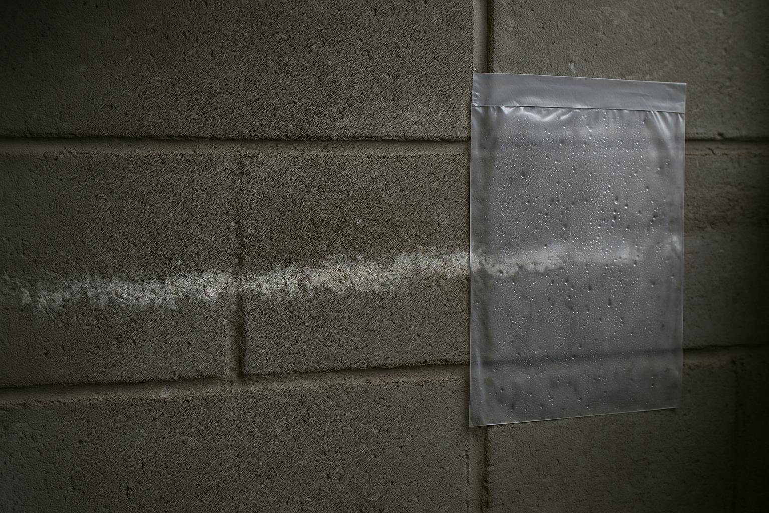 Close view of white efflorescence crust on a concrete basement wall beside a plastic sheet moisture test