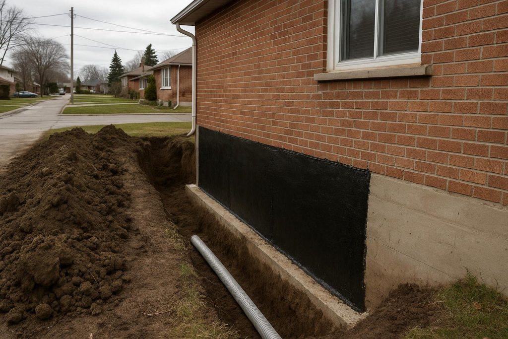 Exterior foundation excavation beside a Scarborough brick home exposing the concrete wall for waterproofing membrane application