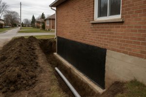 Exterior foundation excavation beside a Scarborough brick home exposing the concrete wall for waterproofing membrane application