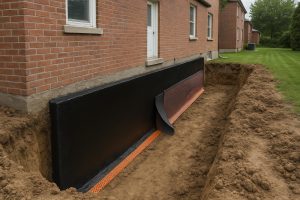 Excavated foundation wall beside a Toronto home showing rubberised waterproofing membrane being applied