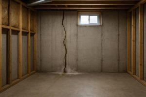 Damp poured concrete basement wall with a vertical crack showing water staining and white efflorescence