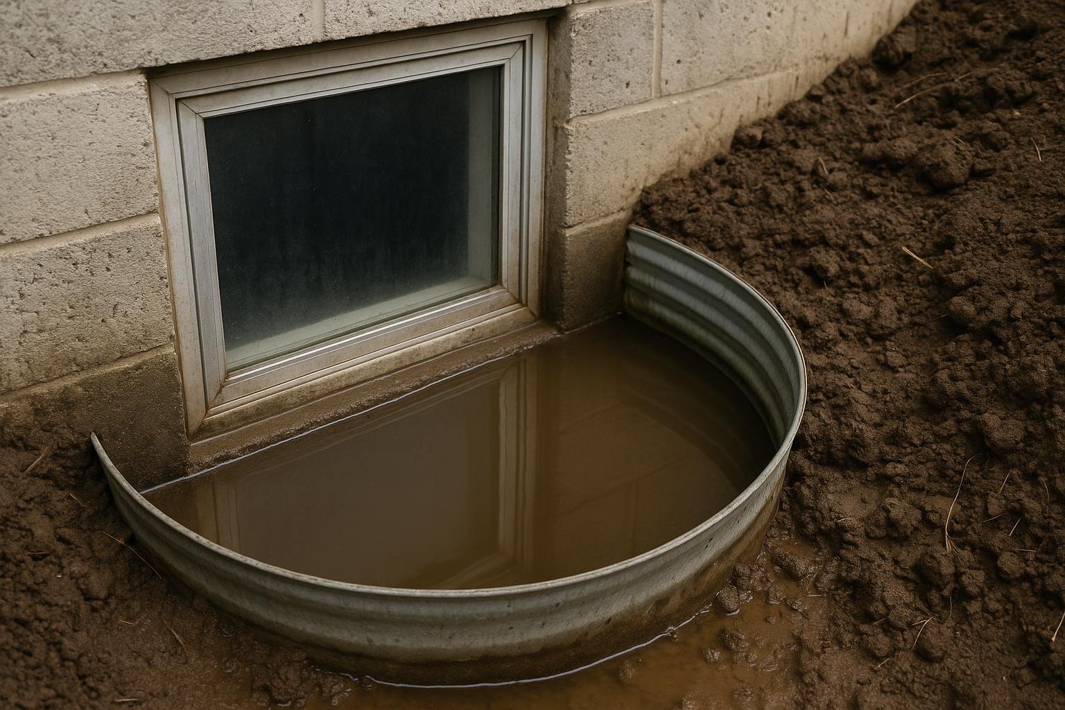 Flooded basement window well filled with rainwater against a clay soil foundation
