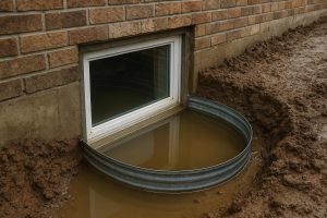 A flooded basement window well with standing water against a brick foundation wall