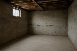 Concrete block basement wall bowing inward with a visible horizontal crack running across mid-wall height