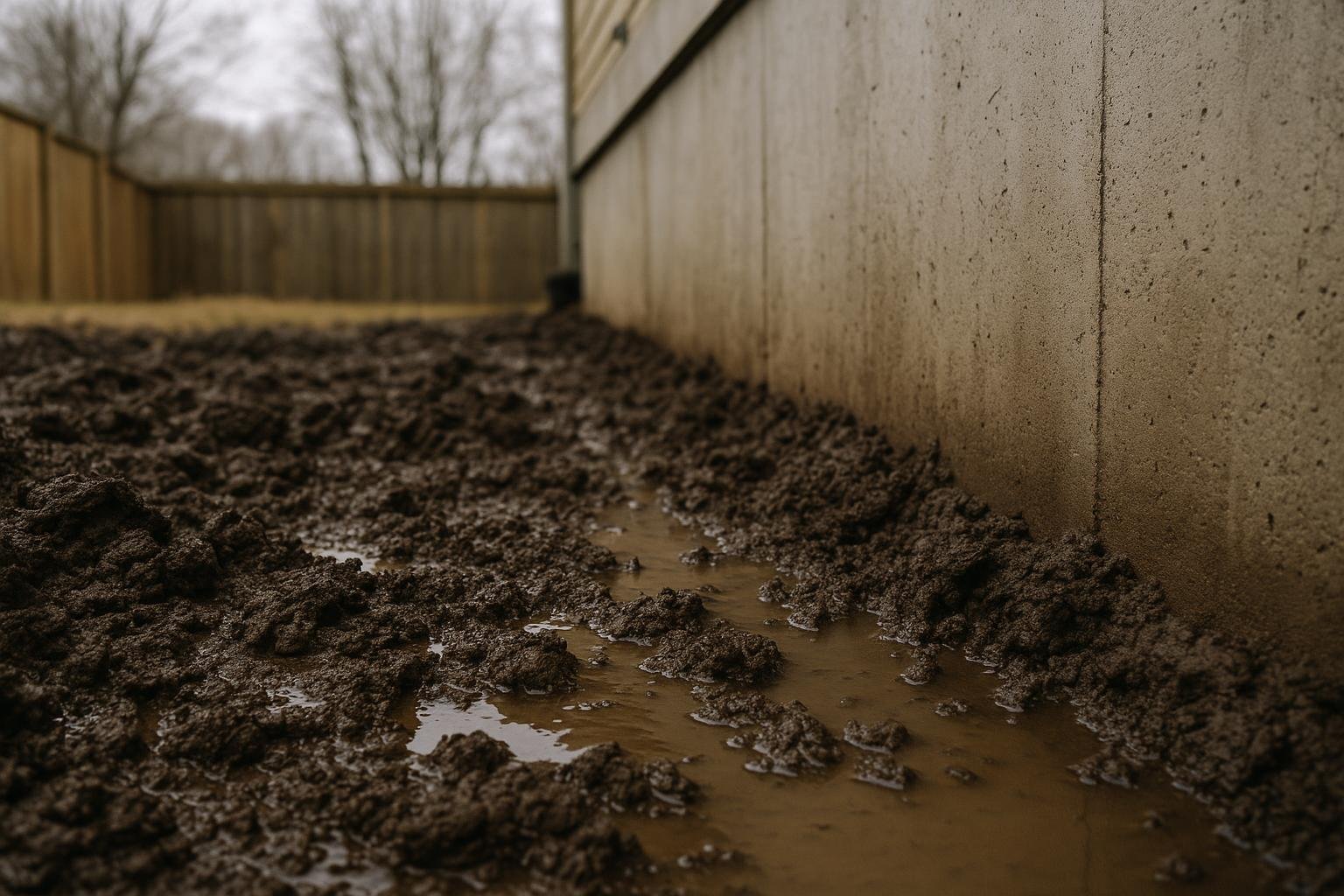 Close view of dark saturated clay soil pressed against a concrete foundation wall exterior
