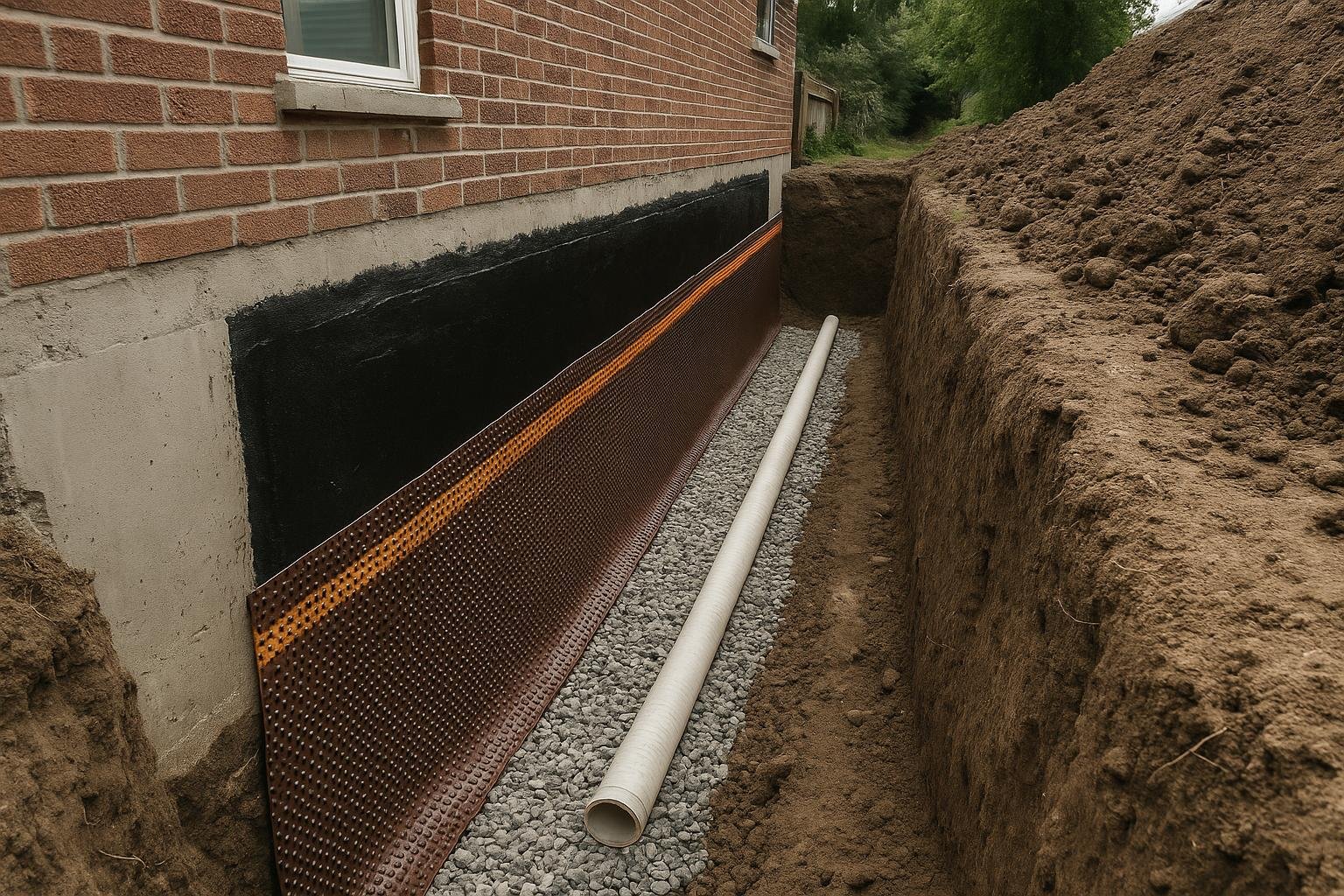 Excavated trench beside a residential foundation showing new weeping tile and drainage board installation