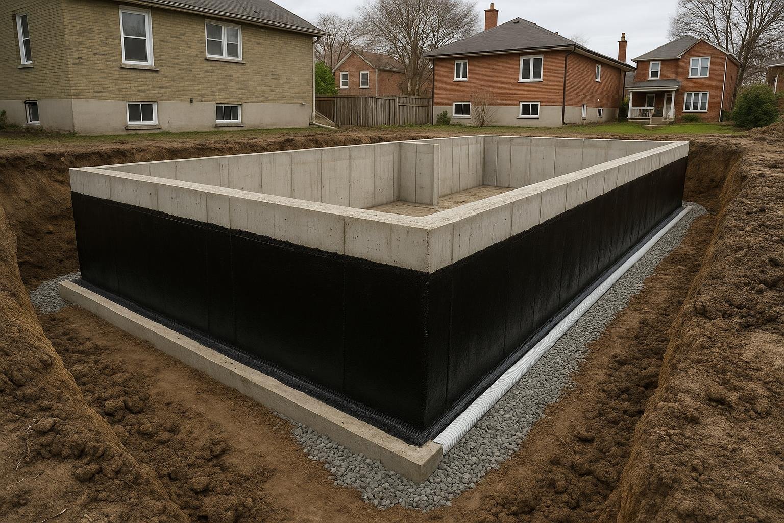 Excavated Toronto residential foundation showing new weeping tile and rubberised waterproofing membrane on exterior wall